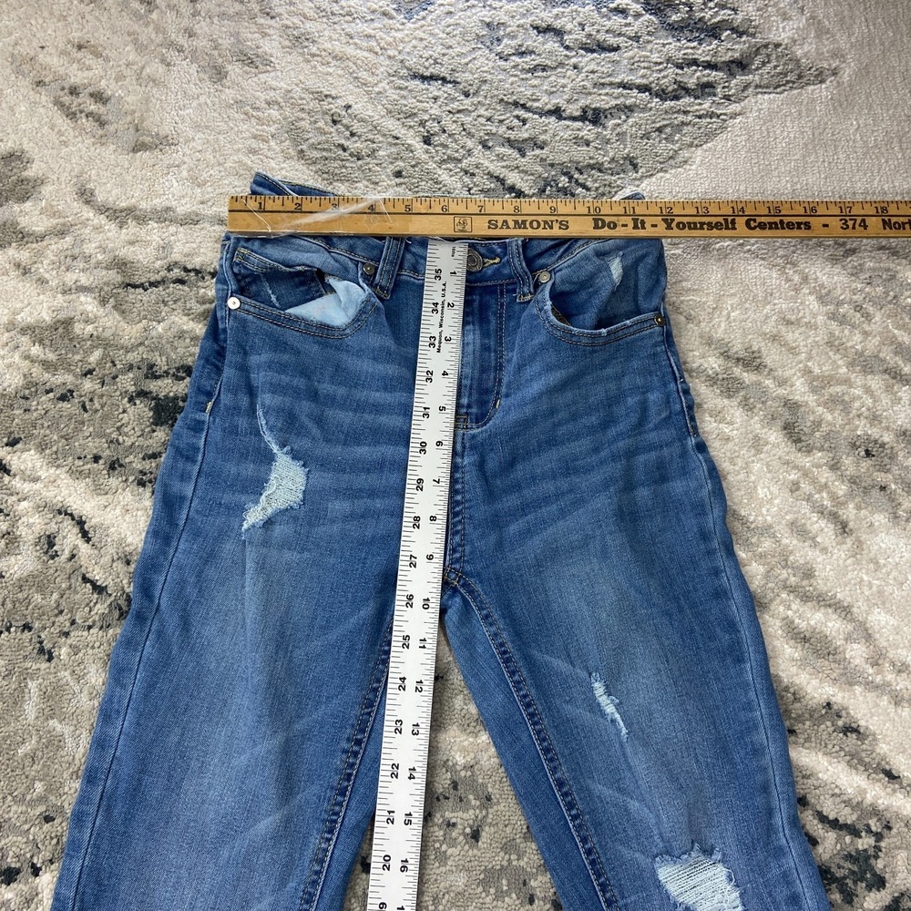 Y2K Indigo Rein Bootcut Flared Jeans Sz 1/24 Blue Whiskering Denim Distressed - Picture 3 of 7